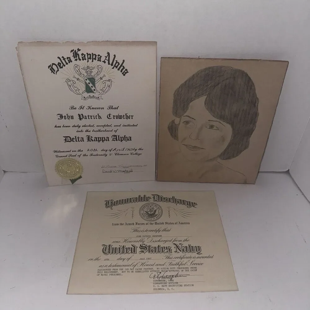 1963 Clemson Delta Kappa Alpha Certificate 1967 Navy Discharge Document Lot
